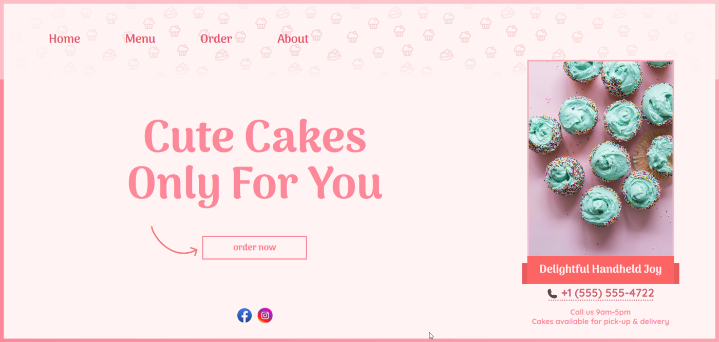 A beautiful pink themed cake online-order website with cute faded icons in the background.