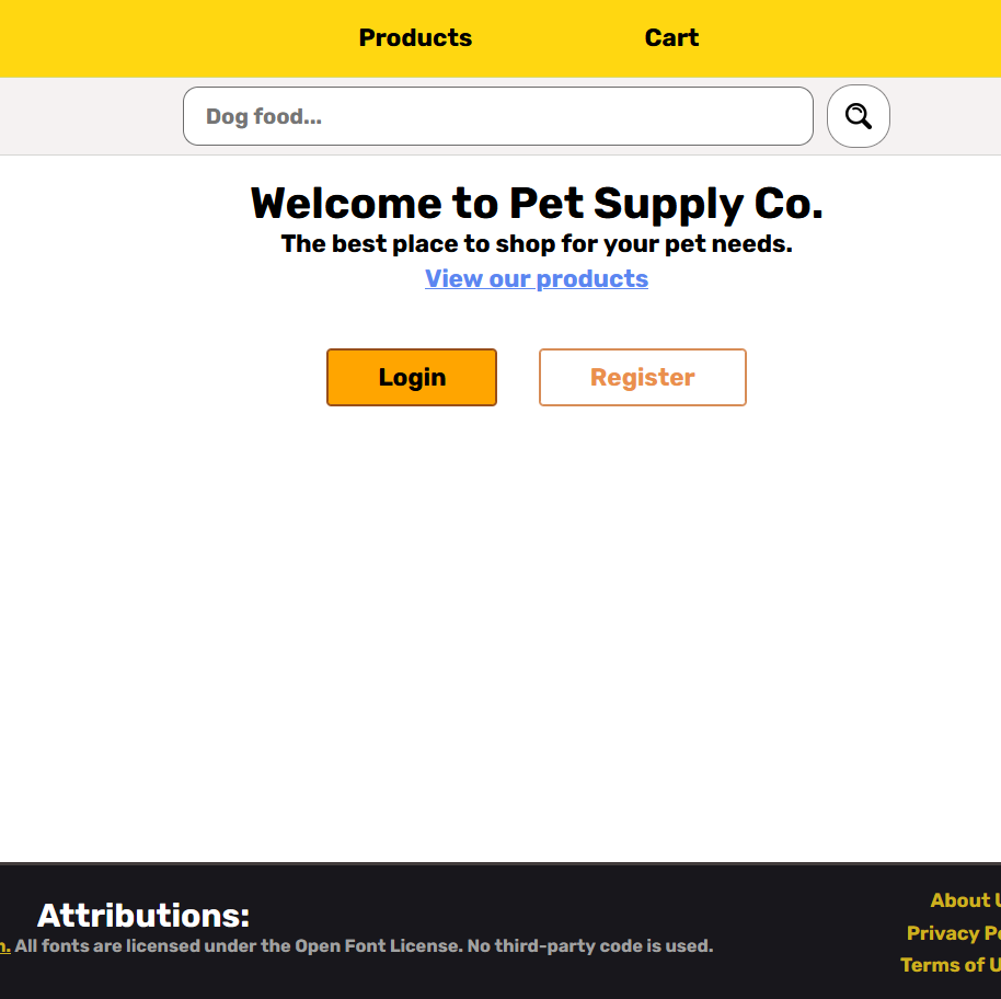 A pet supplies shopping website's homepage.